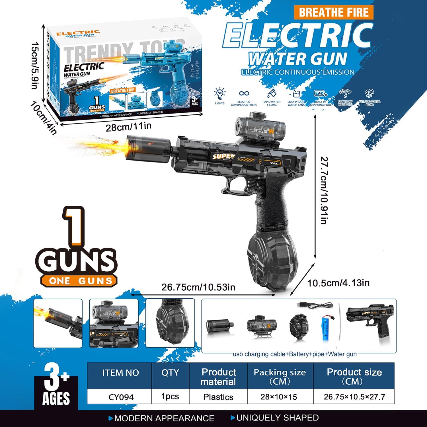 Electric Water Gun for Kids – Motorized Squirt Blaster with LED Lights, 28-32 ft Range