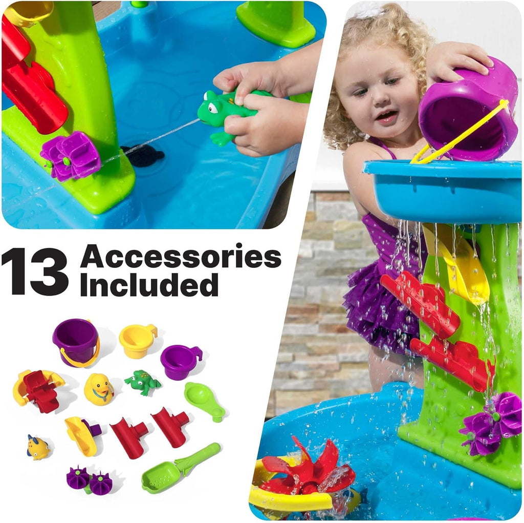 Step2 Rain Showers Splash Pond Water Table, Kids Water and Sand Activity Sensory Playset, Summer Outdoor Toys, 13 Piece Water Toy Accessories, For Toddlers 1.5+ Years Old, Blue & Green