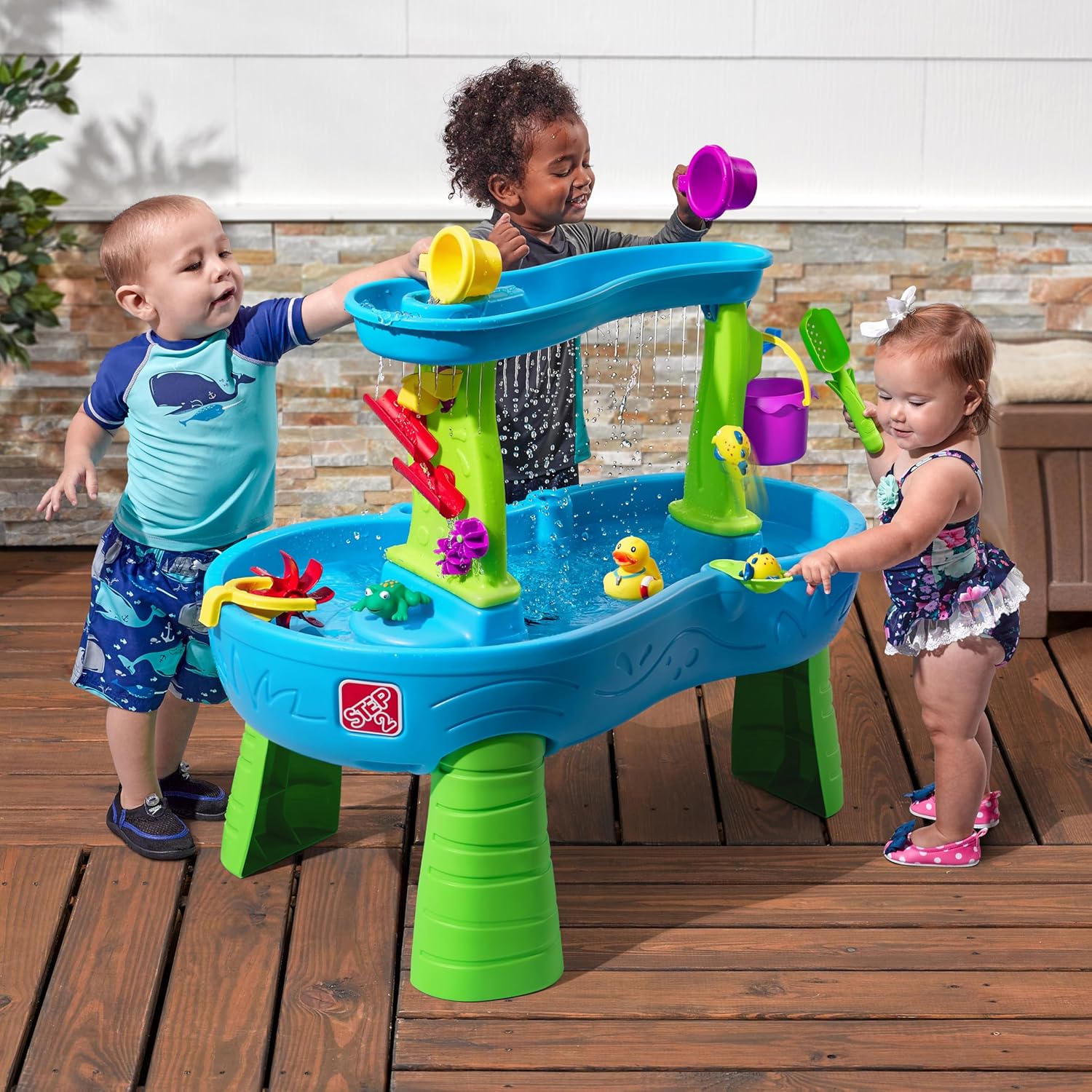 Step2 Rain Showers Splash Pond Water Table, Kids Water and Sand Activity Sensory Playset, Summer Outdoor Toys, 13 Piece Water Toy Accessories, For Toddlers 1.5+ Years Old, Blue & Green