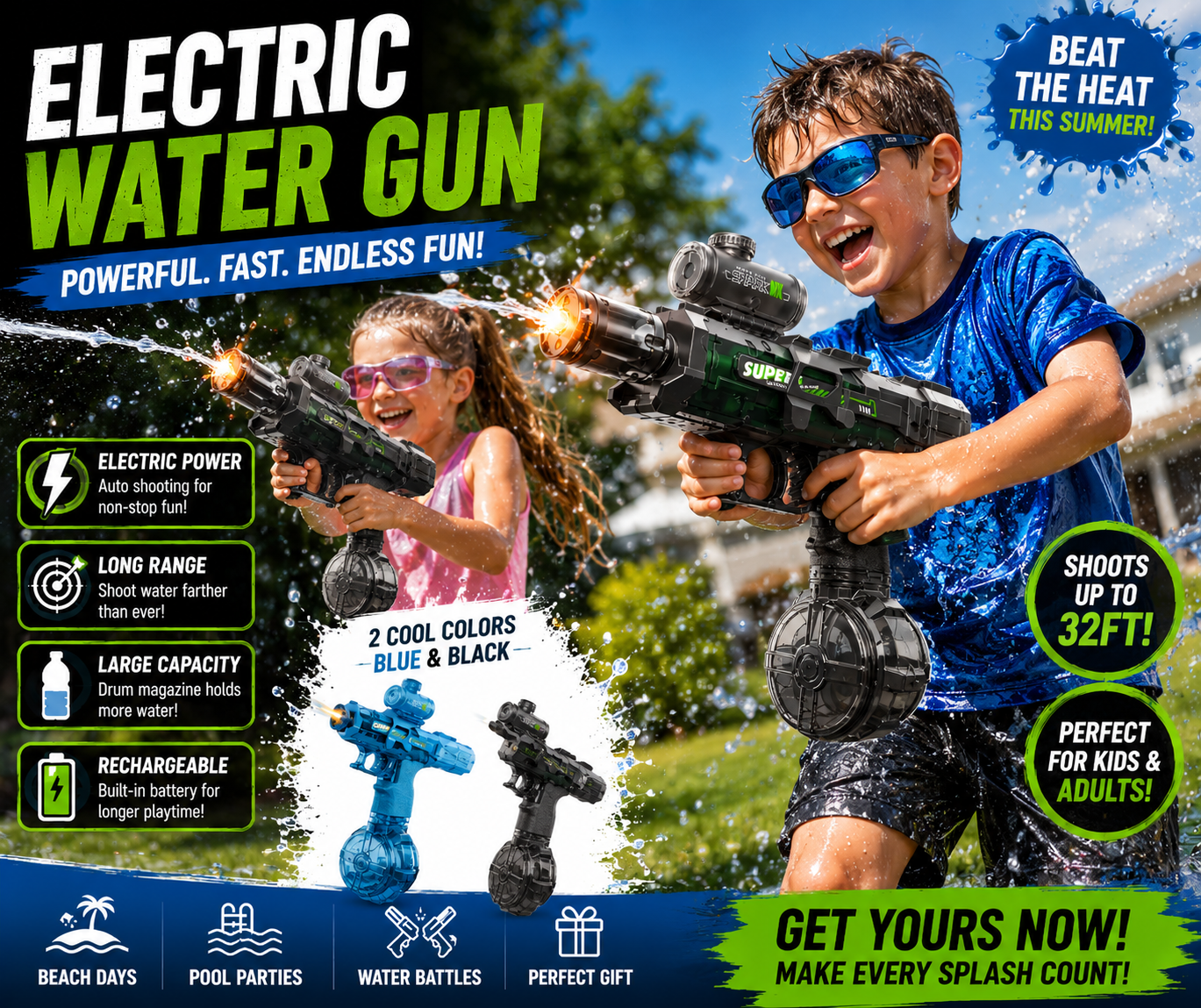 Motorized squirt blaster with 28-32 ft range for outdoor summer play
