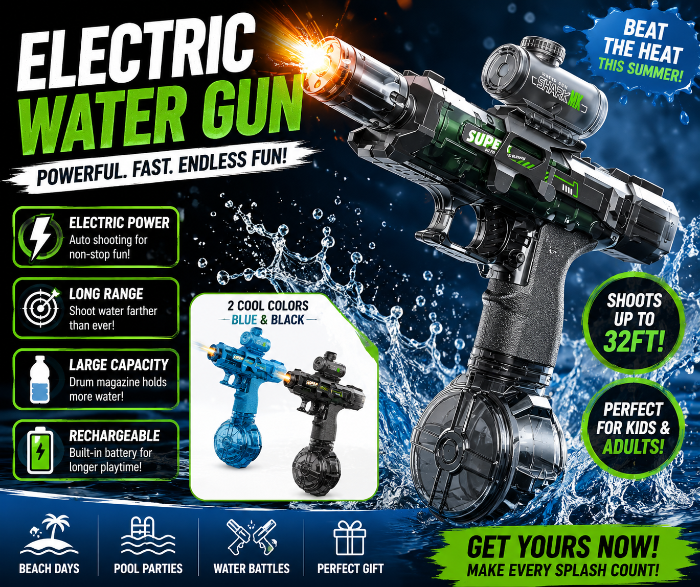 Electric water gun for kids with LED lights – blue and black